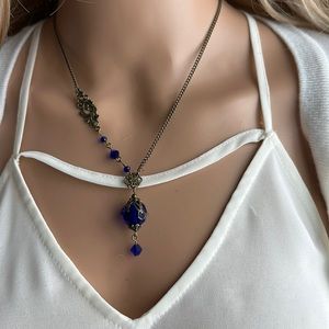 Boho Victorian Drop Necklace with Cobalt Blue Cut Glass Beads New Vintage Vibe
